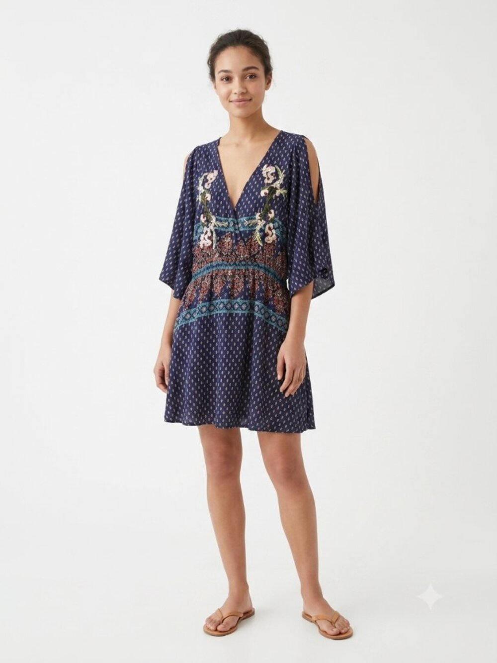 Listicle Dress Blue Floral Embroidered Boho Festival Casual L